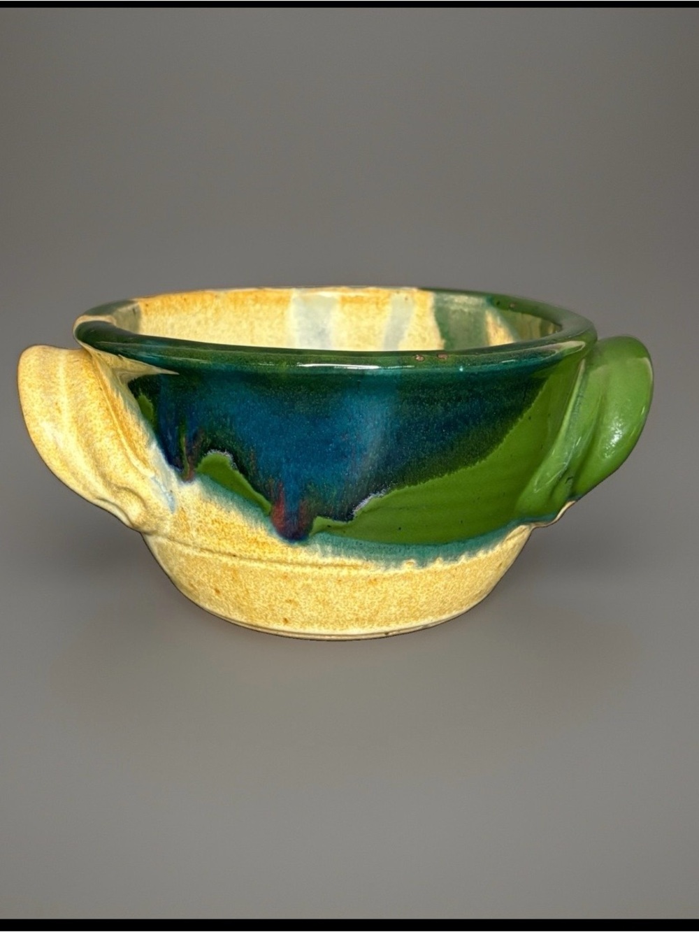 Ayers Pottery 2007 Stoneware Bread Baker Bowl Double Handled Drip Glaze Vtg